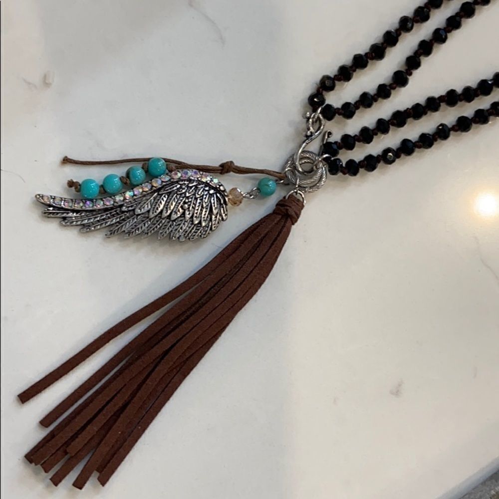 Angel wing with tassel beaded necklace